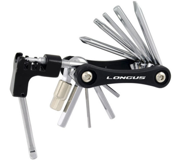 LONGUS Minitool Poly 12 Kompaktes Mini-Tool mit 12 Funktionen Kettennietwerkzeug, Speichenschlüssel